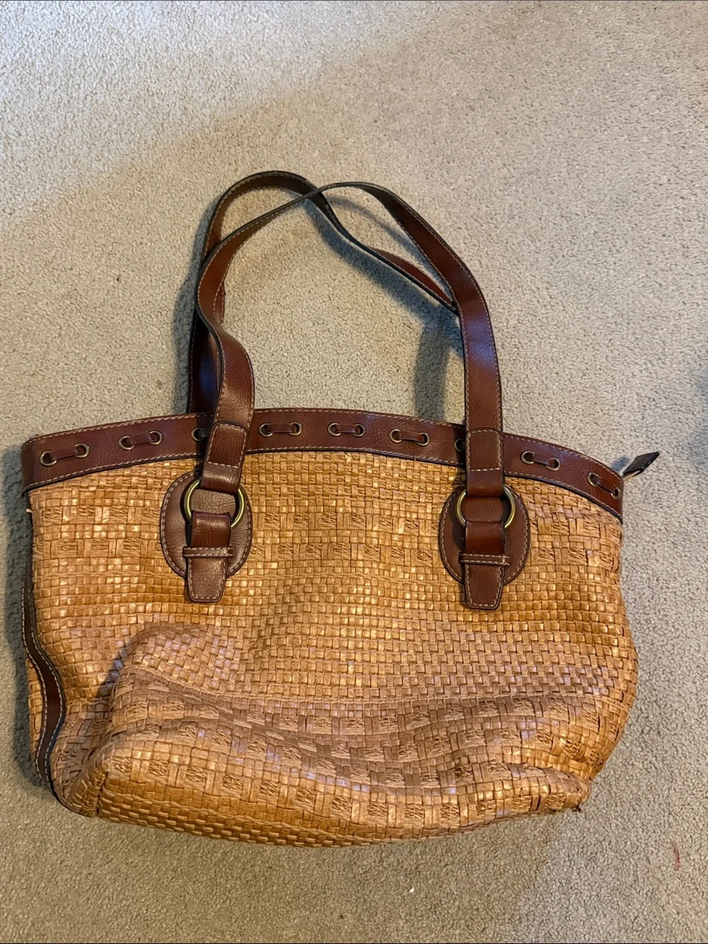 Fossil Woven Straw Tote with Brown Leather Trim - Picture 7 of 11